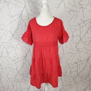 Umgee Red Textured Polkadot Lace Crochet Trim Tiered Dress